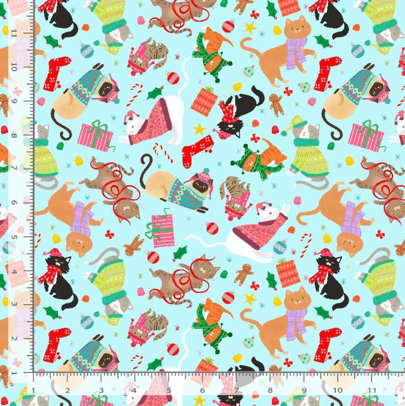 Jingle All The Way Aqua Christmas cat fabric by Erica Ilene for Dear Stella Design