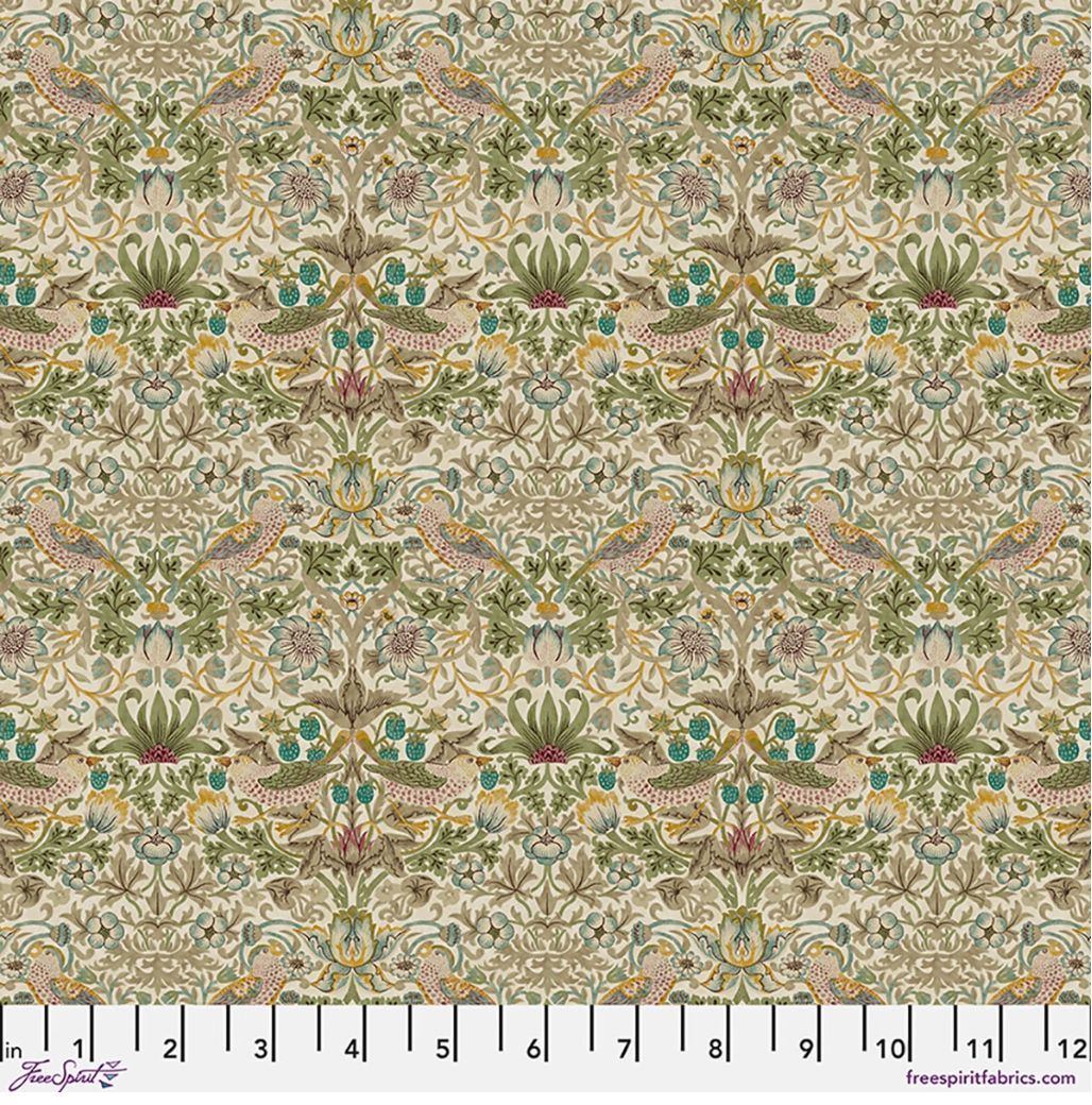 Lodden Mini Strawberry Thief Old Gold fabric by Morris & Co for FreeSpirit, featuring small birds, strawberries, flowers, and scrolling foliage in cream, sage, teal, gold, and berry tones.