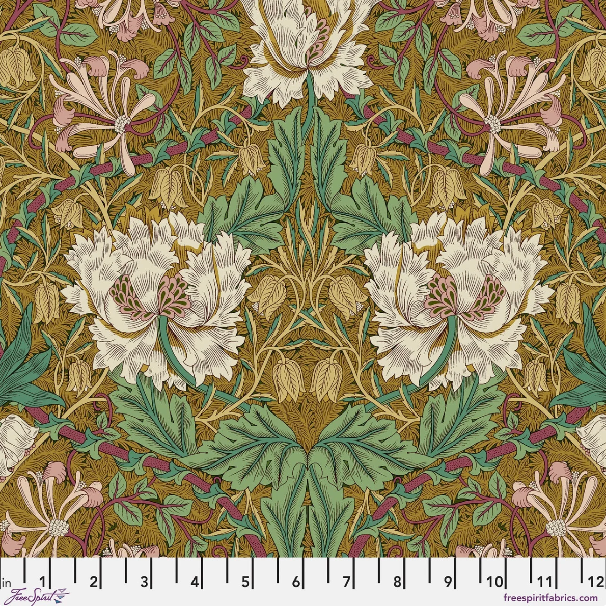 Lodden Honeysuckle & Tulip Gold fabric by Morris & Co for FreeSpirit, featuring large cream flowers, sage and teal foliage, pink accents, and winding vines on a warm gold background.