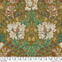 Lodden Honeysuckle & Tulip Gold fabric by Morris & Co for FreeSpirit, featuring large cream flowers, sage and teal foliage, pink accents, and winding vines on a warm gold background.