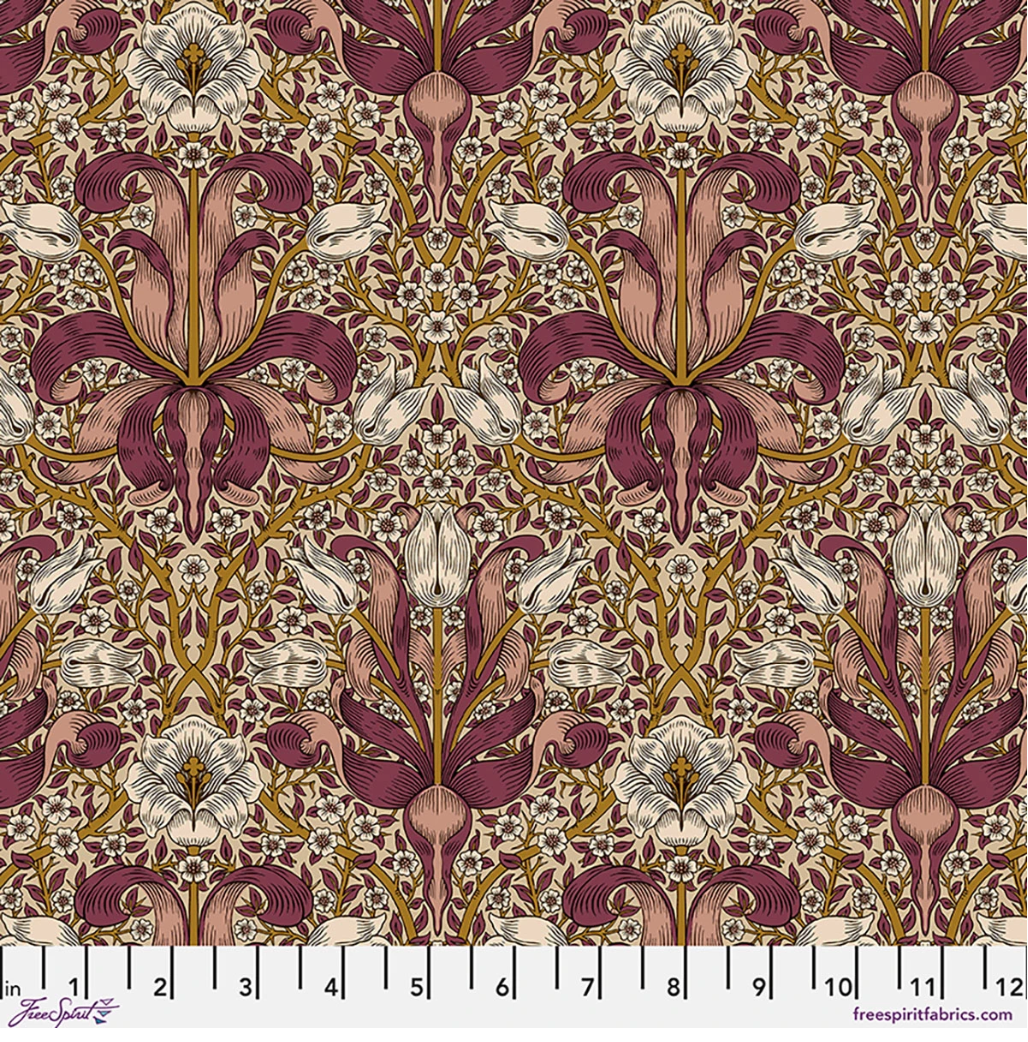 Lodden Spring Thicket Barbed Berry fabric by Morris & Co for FreeSpirit, featuring ornate berry, blush, cream, and gold flowers with curling leaves and decorative vines.