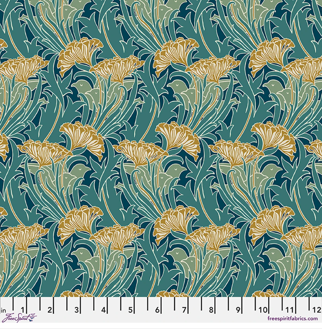 Lodden Laceflower Teal fabric by Morris & Co for FreeSpirit, featuring flowing teal and sage foliage with stylized golden flowers and cream outlines.