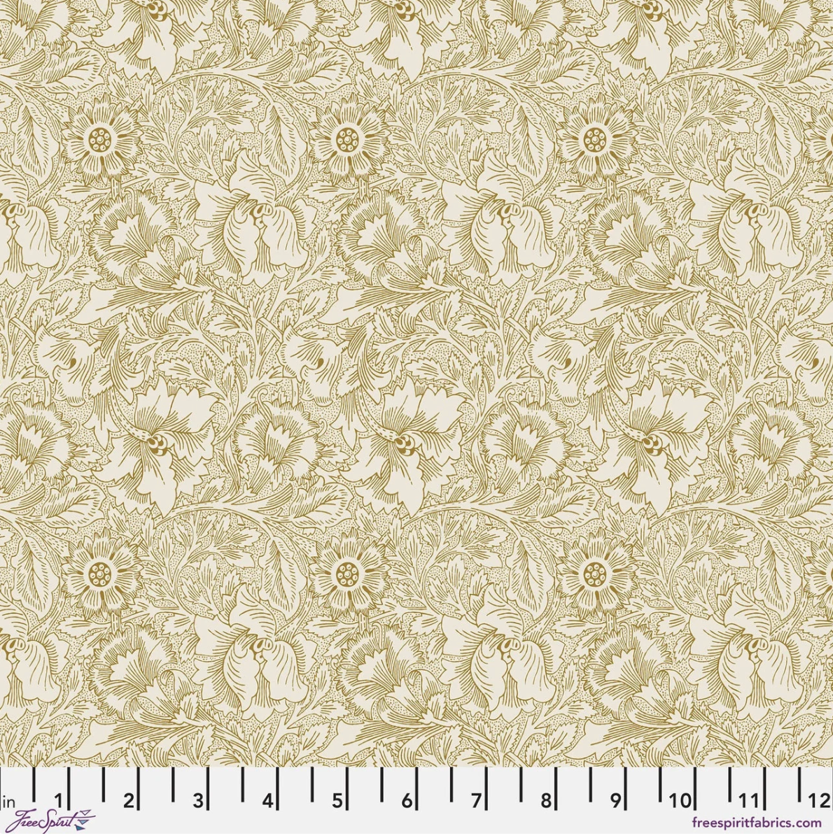 Lodden Pure Poppy Pearwood fabric by Morris & Co for FreeSpirit, featuring detailed poppy flowers, leaves, and botanical linework in warm gold on a soft cream background.