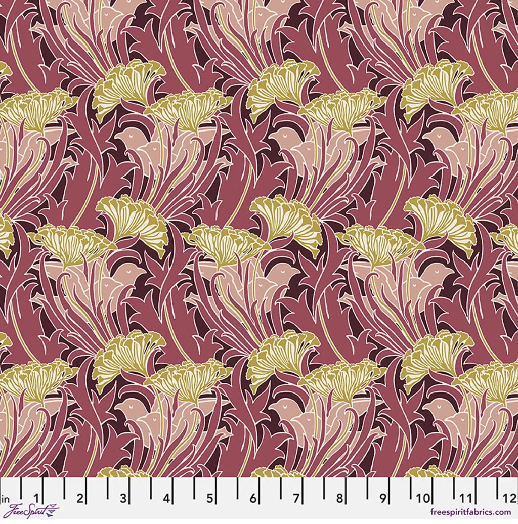 Lodden Laceflower Wine fabric by Morris & Co for FreeSpirit, featuring flowing burgundy and wine foliage with olive-gold flowers, blush accents, and cream outlines.