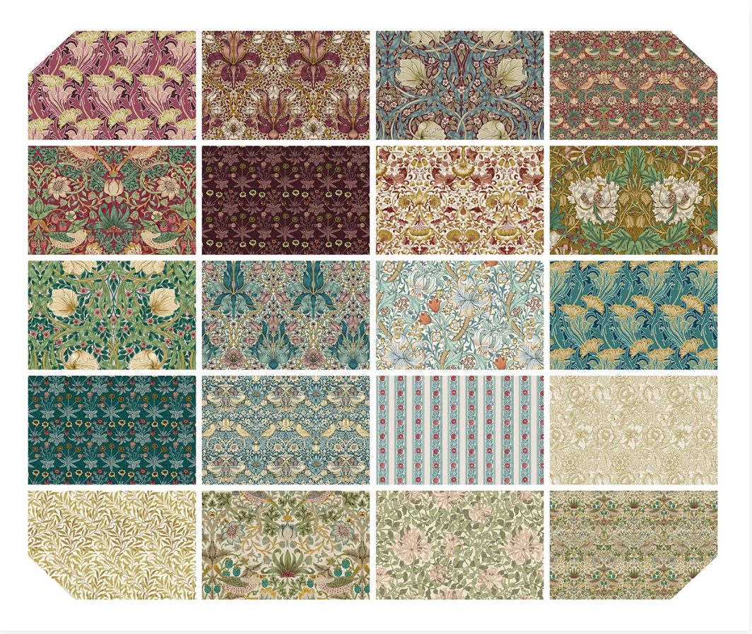 Lodden charm pack fabric assortment by Morris & Co, showing coordinating 5 inch squares in teal, berry, gold, sage, cream, blush, and floral botanical prints.