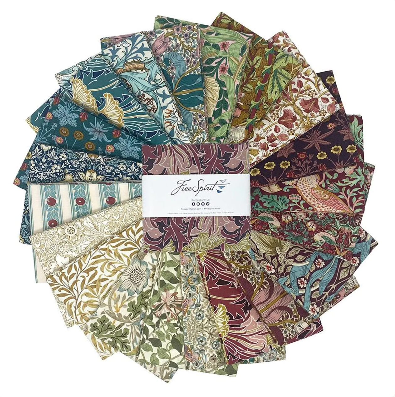 Lodden 5 Inch Charm Pack by Morris & Co for FreeSpirit Fabrics, showing an assortment of coordinating floral, bird, and botanical cotton fabric squares.