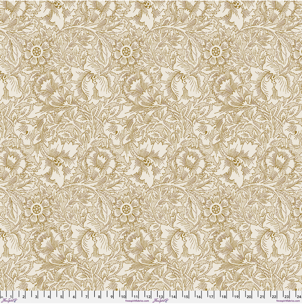 Lodden Large Pure Poppy 108 inch wide quilt backing fabric by Morris & Co, featuring detailed warm gold poppy flowers and foliage on a soft cream background.