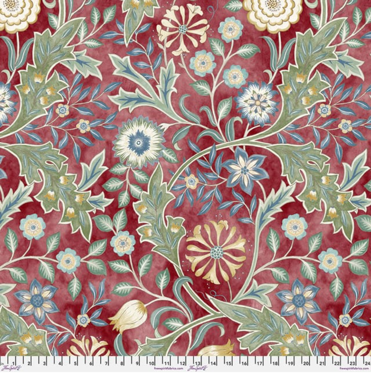 Wilhelmina Crimson 108 inch wide quilt backing fabric by Morris & Co, featuring large floral vines in crimson, soft blue, sage green, cream, and warm gold tones.