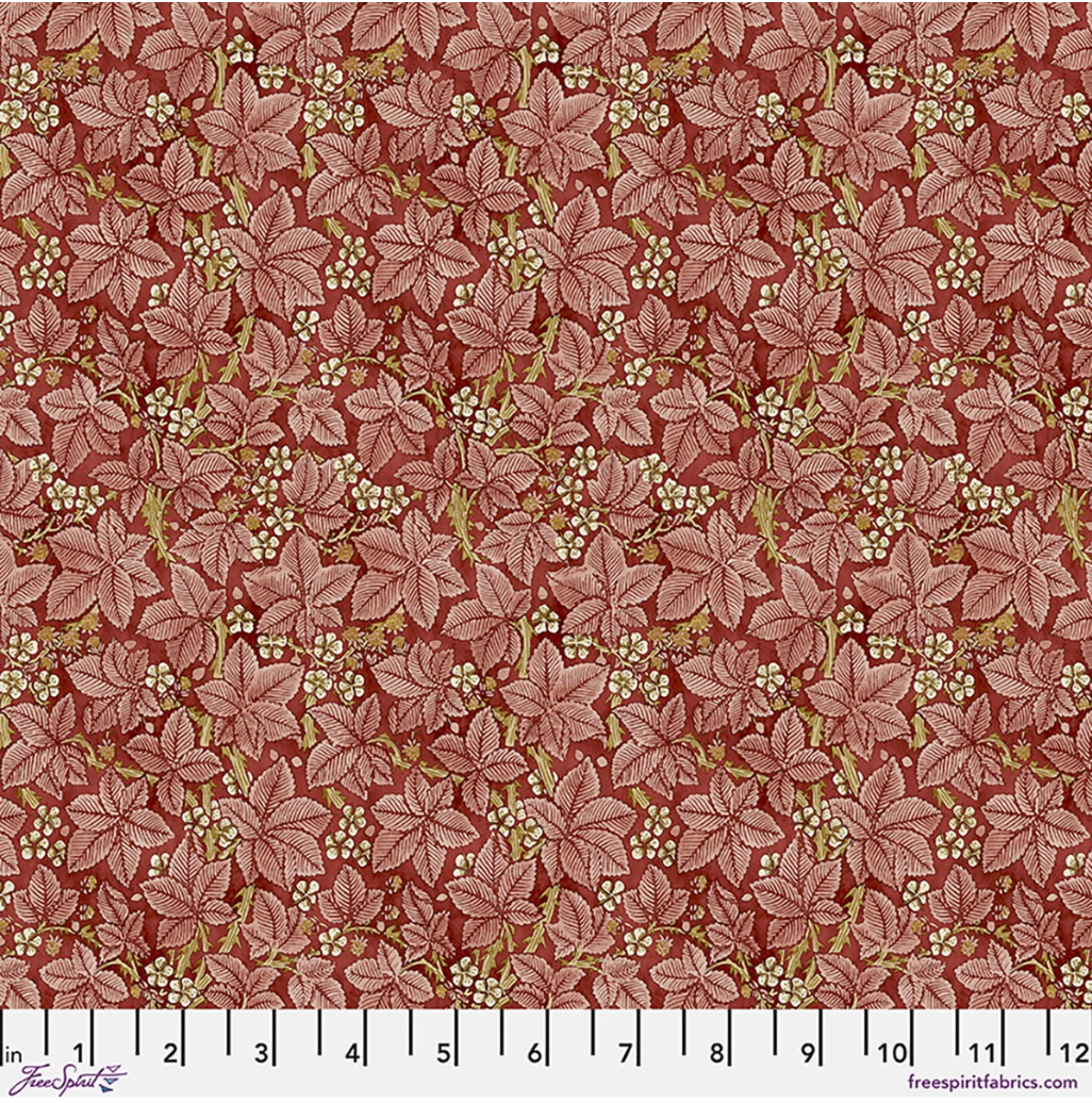 Suffolk Holiday Bramble Scarlet fabric by Morris & Co for FreeSpirit, featuring soft pink bramble leaves, cream berries, olive details, and a rich scarlet red background.