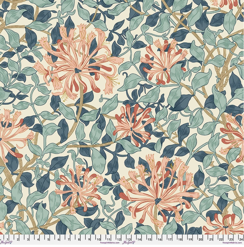 Morris & Co Honeysuckle Aqua 108 inch wide quilt backing fabric, featuring peach honeysuckle flowers and aqua and blue leafy vines on a soft cream background.