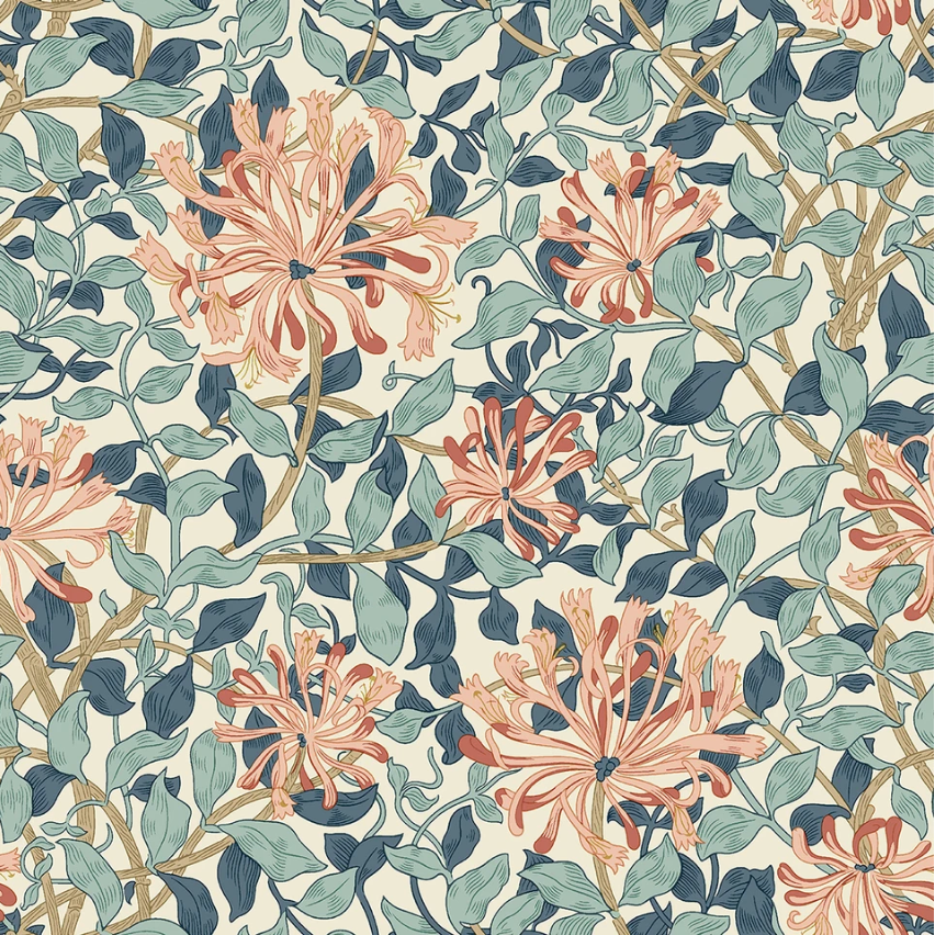 Morris & Co Honeysuckle Aqua 108 inch wide quilt backing fabric, featuring peach honeysuckle flowers and aqua and blue leafy vines on a soft cream background.