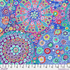 Kaffe Fassett Millefiore Aqua cotton lawn fabric featuring large circular floral motifs in aqua, blue, pink, purple, green, orange, and white.