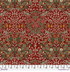 Suffolk Holiday Blackthorn Thorned Rose fabric by Morris & Co for FreeSpirit, featuring sage foliage, rose and cream flowers, and gold botanical accents on a deep red background.