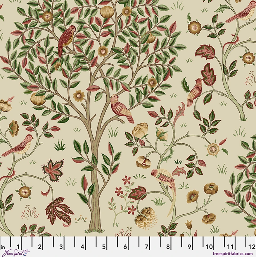 Suffolk Holiday Kelmscott Tree Barbed Berry fabric by Morris & Co featuring birds, leafy trees, flowers, and botanical vines in green, berry, cream, and gold tones.