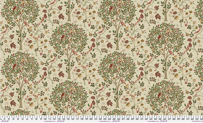 Full repeat of Suffolk Holiday Kelmscott Tree Barbed Berry fabric showing evenly spaced trees, birds, flowers, and foliage on a soft cream background.