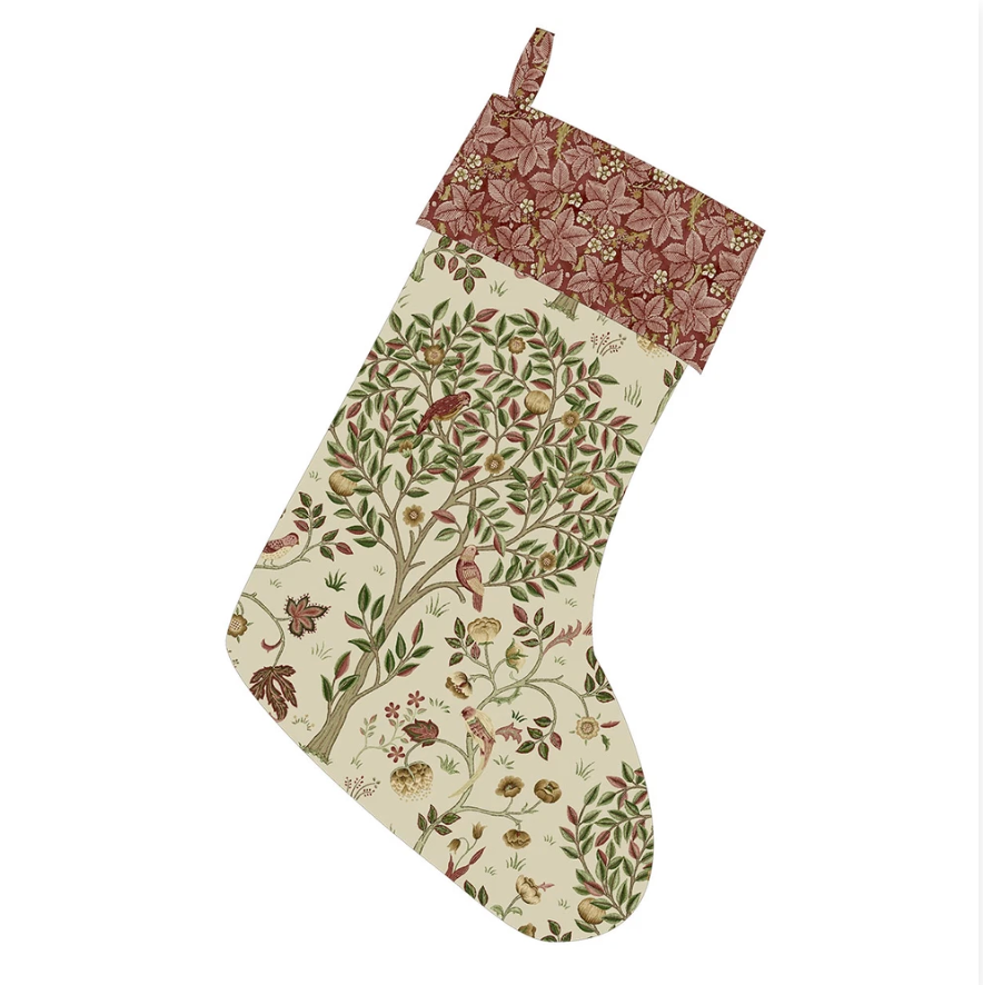 Christmas stocking made with Suffolk Holiday Kelmscott Tree Barbed Berry fabric by Morris & Co, featuring birds and trees with a coordinating Bramble floral cuff.