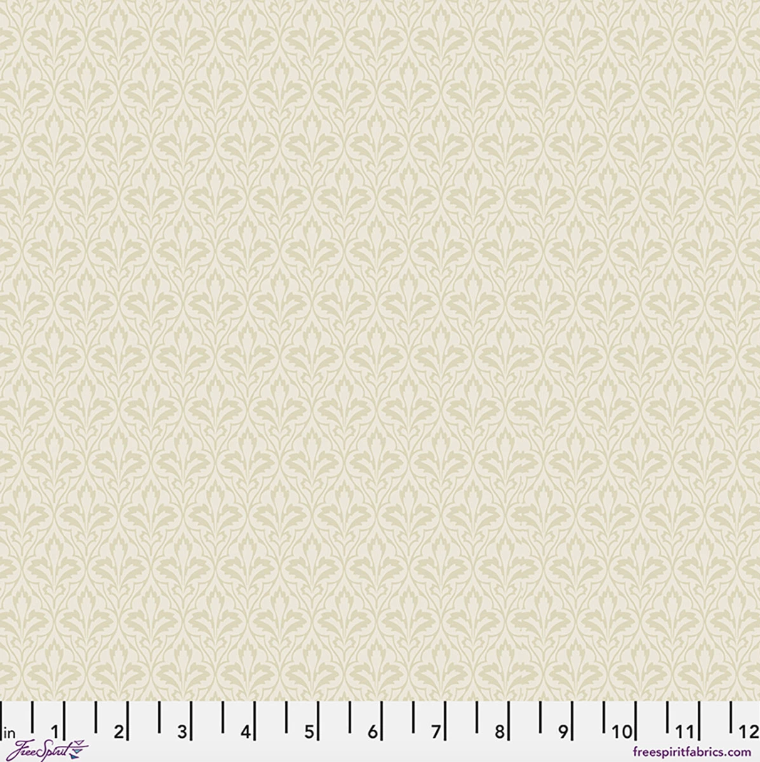 Suffolk Holiday Owen Jones Ivory fabric by Morris & Co for FreeSpirit, featuring a small repeating ornamental leaf motif in soft ivory and cream tones.