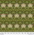 Suffolk Holiday Helena Herball fabric by Morris & Co for FreeSpirit, featuring cream flowers, olive and teal foliage, and muted red accents in a symmetrical botanical pattern.