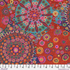 Kaffe Fassett Millefiore Red cotton lawn fabric featuring large circular floral motifs in red, orange, teal, pink, purple, green, blue, and yellow.