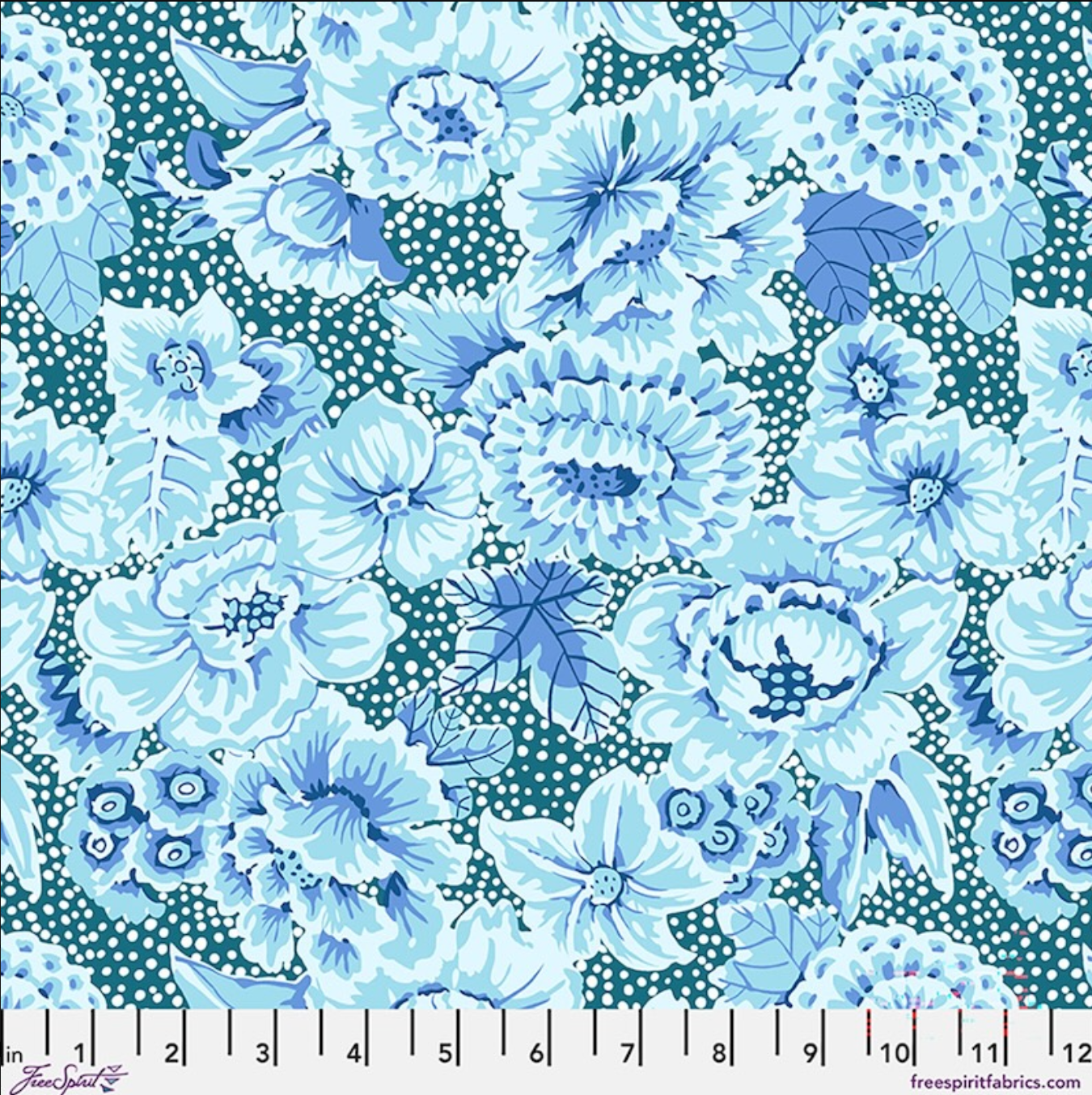 Kaffe Fassett Floral With Dots Blue cotton lawn fabric featuring large blue, aqua, periwinkle, and navy flowers with leaves on a dotted teal background.