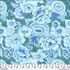 Kaffe Fassett Floral With Dots Blue cotton lawn fabric featuring large blue, aqua, periwinkle, and navy flowers with leaves on a dotted teal background.