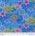 Kaffe Fassett Dream Blue cotton lawn fabric featuring layered blue, aqua, pink, teal, periwinkle, and gold floral motifs.