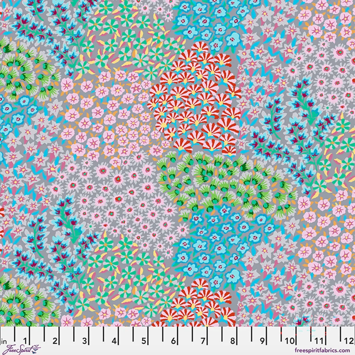 Kaffe Fassett Persian Garden Grey cotton lawn fabric featuring colorful floral clusters in aqua, turquoise, green, pink, red, lavender, and white on a soft grey background.