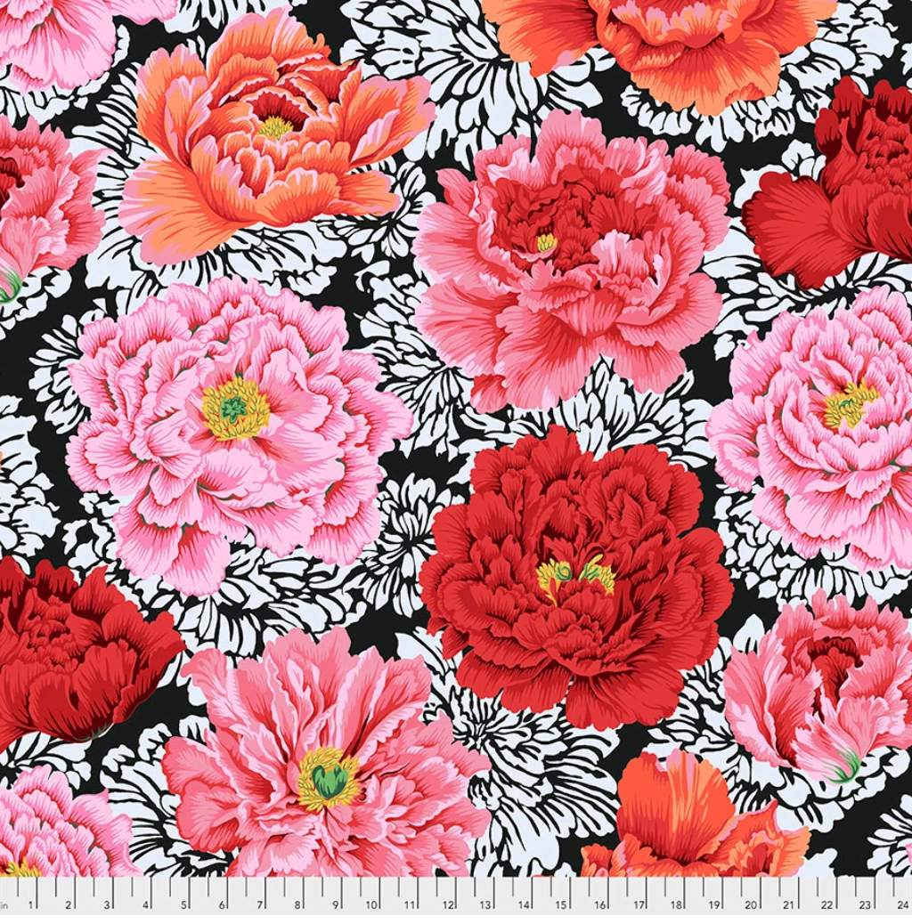 Brocade Peony Crimson fabric by Philip Jacobs for Kaffe Fassett Collective, featuring oversized red, coral, and pink peonies over a bold black-and-white floral background.