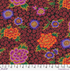 Kaffe Fassett Charlotte Dark cotton lawn fabric featuring large orange, purple, and pink flowers with green leaves over a dark burgundy and black floral background.