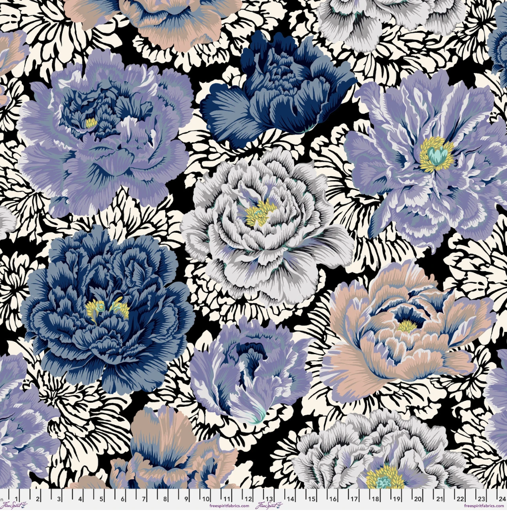 Brocade Peony Grey fabric by Philip Jacobs for Kaffe Fassett Collective, featuring oversized navy, blue, lavender, grey, blush, and cream peonies on a black-and-white floral background.