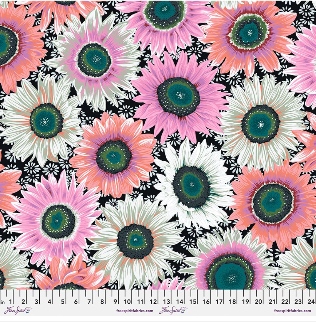 Van Gogh Black fabric by Philip Jacobs for Kaffe Fassett Collective, featuring large pink, coral, white, and lavender sunflower-style flowers with teal and green centers on a black floral background.