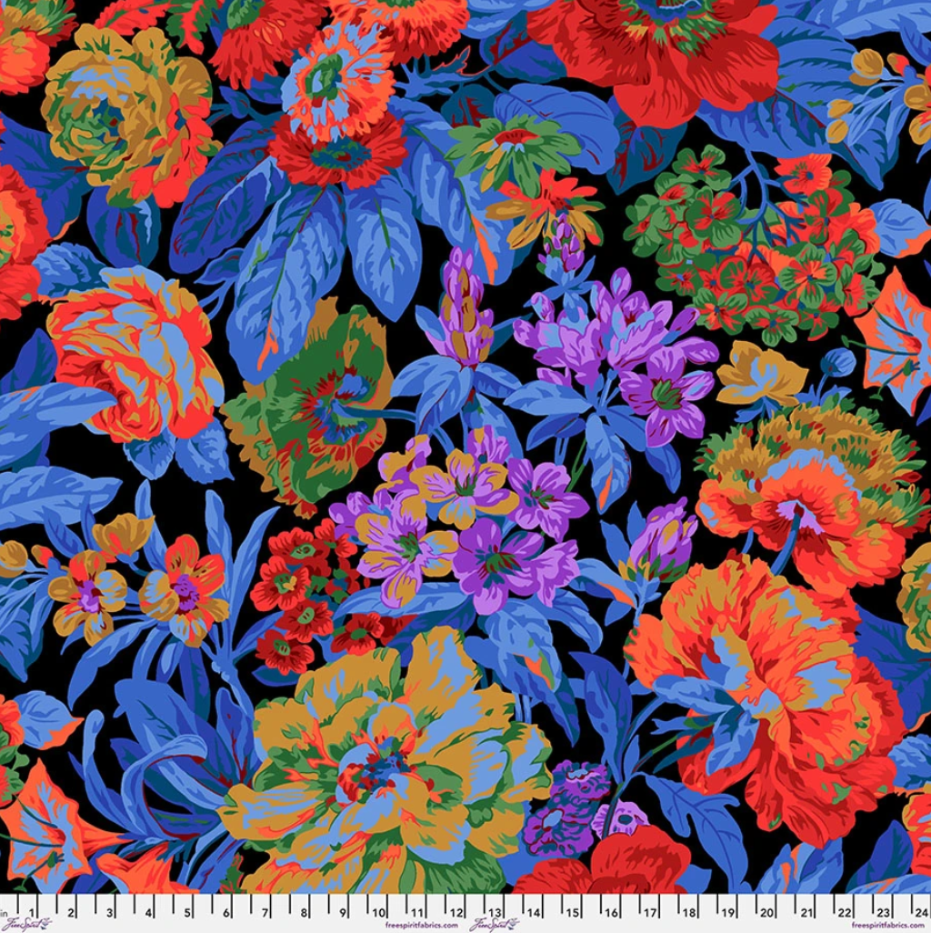 Voluptuous Dark fabric by Philip Jacobs for Kaffe Fassett Collective, featuring oversized red, orange, purple, blue, and green flowers and foliage on a black background.