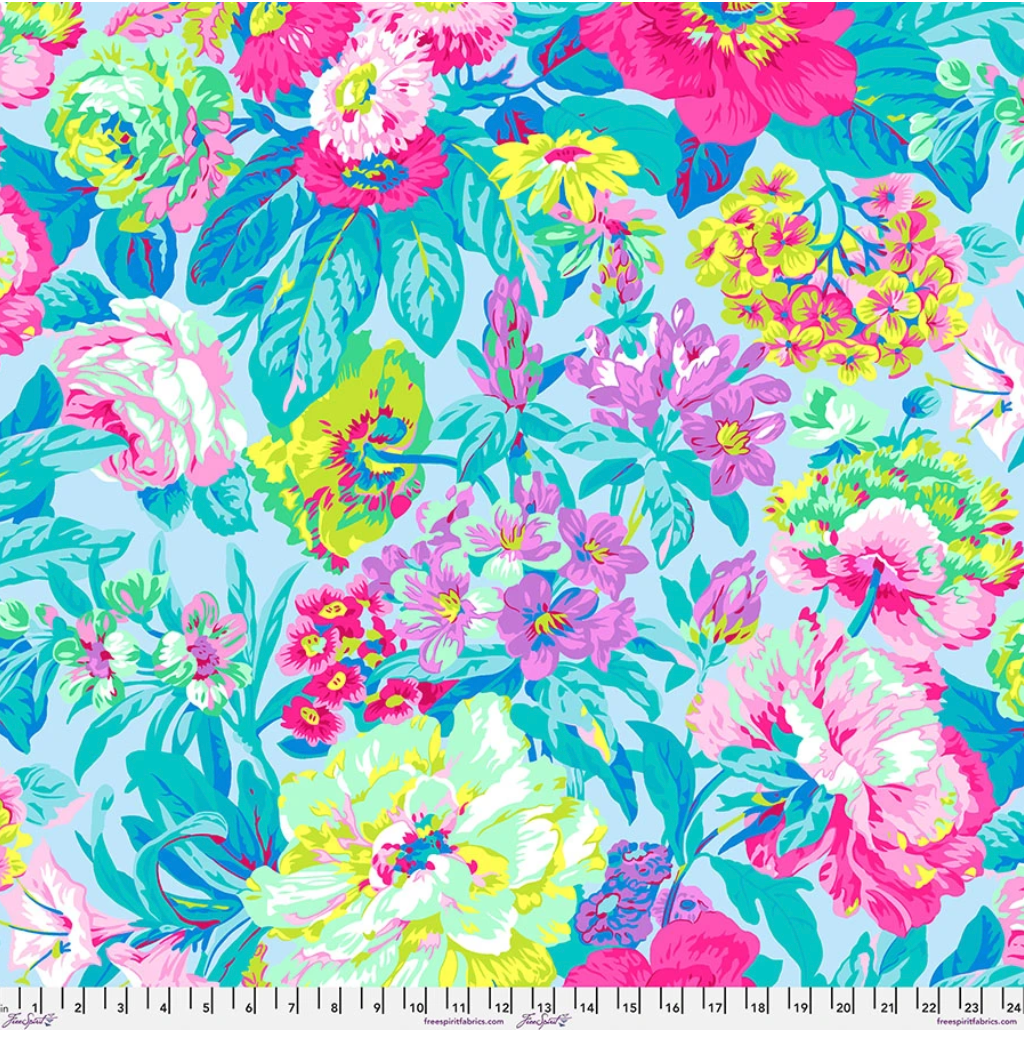 Voluptuous Pastel fabric by Philip Jacobs for Kaffe Fassett Collective, featuring oversized aqua, turquoise, pink, lavender, lime, and white flowers with colorful foliage.