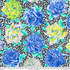Rose Bloom Blue fabric by Philip Jacobs for Kaffe Fassett Collective, featuring oversized cobalt blue, periwinkle, lime, cream, and peach roses with turquoise leaves on a black-and-white floral background.