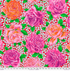 Rose Bloom Opera fabric by Philip Jacobs for Kaffe Fassett Collective, featuring oversized pink, magenta, coral, orange, and purple roses with green leaves on a vivid red background with aqua floral motifs.