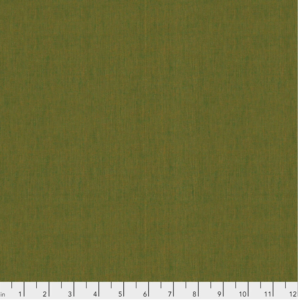 Kaffe Fassett Shot Cotton Khaki fabric by FreeSpirit Fabrics, featuring an earthy olive khaki green yarn-dyed woven texture.
