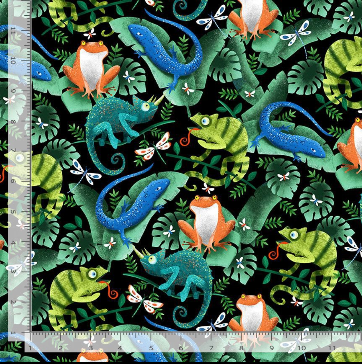 Pint-Sized Pets fabric by Timeless Treasures featuring colorful geckos, frogs, chameleons, blue lizards, dragonflies, and green tropical leaves on a black background.