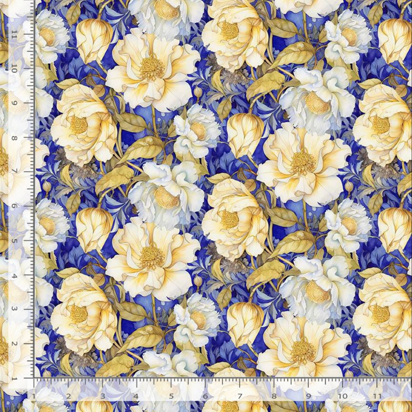 Lumiere Night Floral Field fabric by Timeless Treasures featuring large cream and white flowers with golden centers and muted green foliage on a rich blue background.