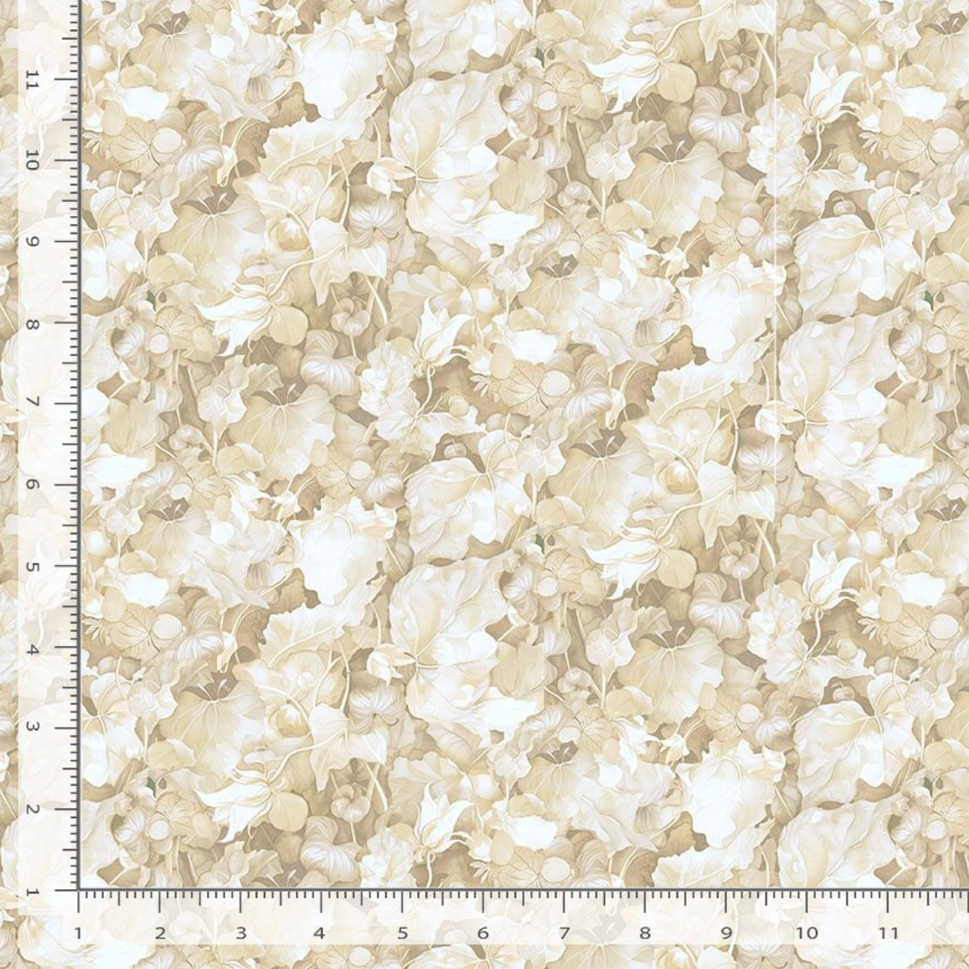 Lumiere Packed Leaves Ecru fabric by Timeless Treasures featuring layered cream, ivory, beige, and ecru leaves and floral botanical details.