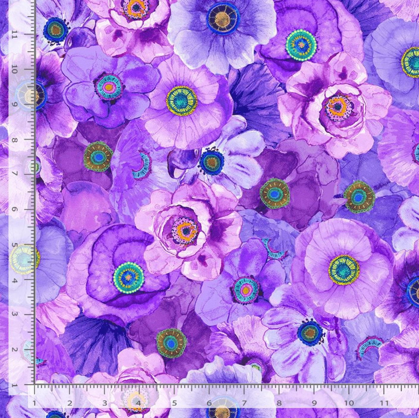 Packed Tonal Poppies Lavender fabric by Chong-A Hwang for Timeless Treasures, featuring dense lavender, violet, and purple poppy flowers with colorful teal, green, pink, blue, and yellow centers.