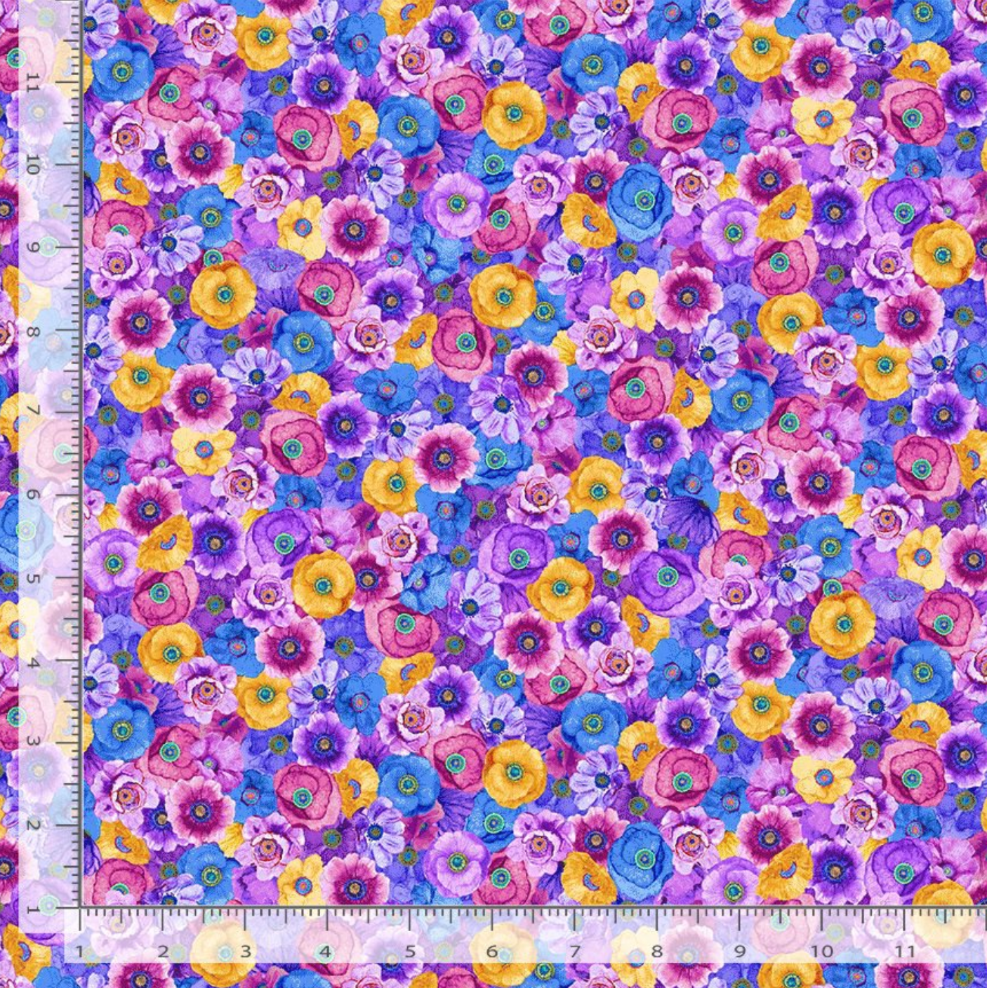 Packed Mini Poppies Multi fabric by Chong-A Hwang for Timeless Treasures featuring densely packed purple, lavender, pink, blue, turquoise, and yellow poppy flowers.
