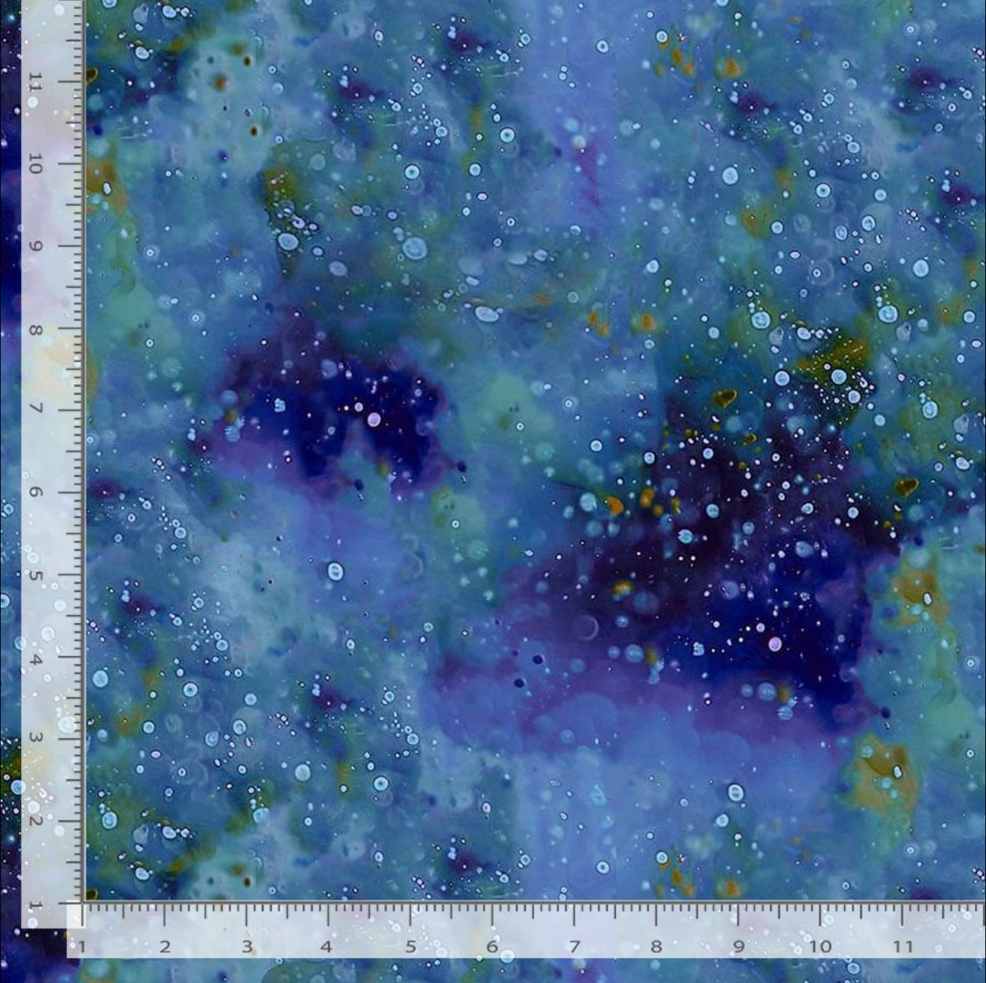 Lumiere Dotty Kiln Texture Cobalt fabric by Timeless Treasures featuring mottled cobalt blue, aqua, teal, indigo, and green tones with scattered light dots.