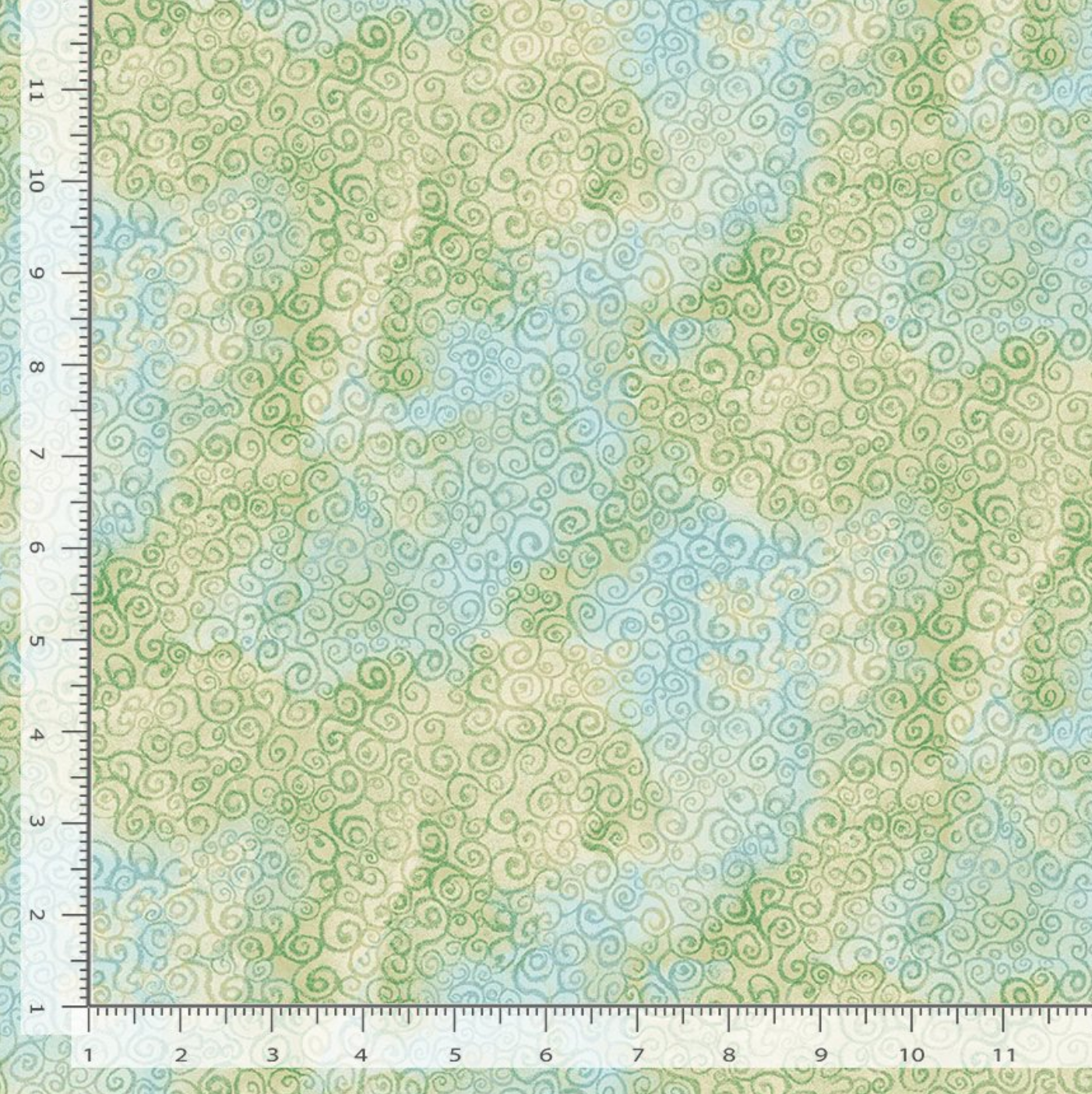 Scroll Swirls Green fabric by Chong-A Hwang for Timeless Treasures featuring delicate green scroll motifs over a pale aqua, cream, and soft green tonal background.