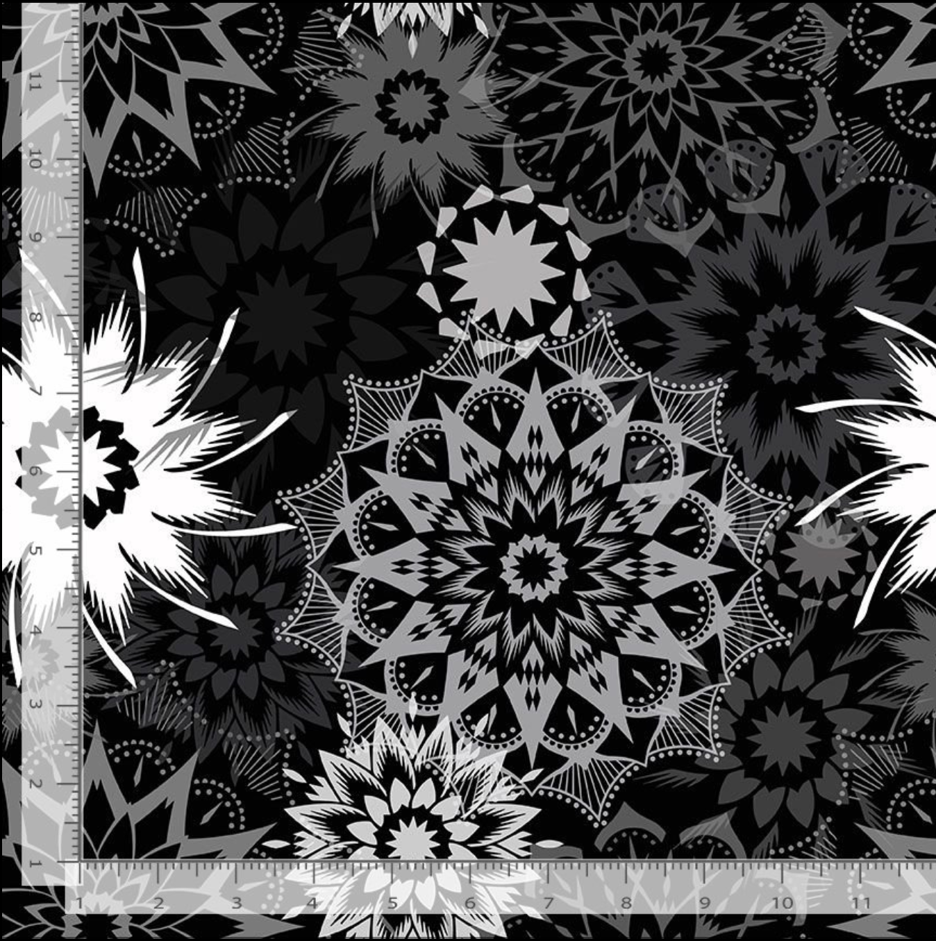 Silhouette Stars Noir 108-inch wide quilt backing fabric by Judy and Judel Niemeyer for Timeless Treasures featuring black, charcoal, grey, and white layered starburst and floral geometric motifs.