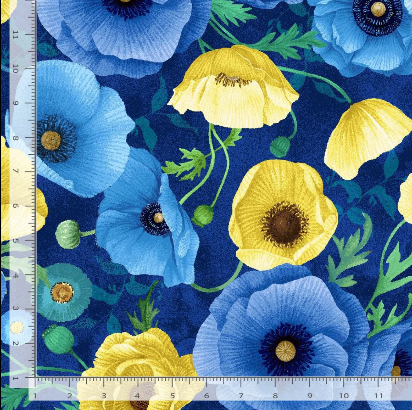 Poppy Focal Navy fabric by Chong-A Hwang for Timeless Treasures featuring large blue and golden yellow poppies with green leaves on a deep navy background.