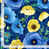 Poppy Focal Navy fabric by Chong-A Hwang for Timeless Treasures featuring large blue and golden yellow poppies with green leaves on a deep navy background.