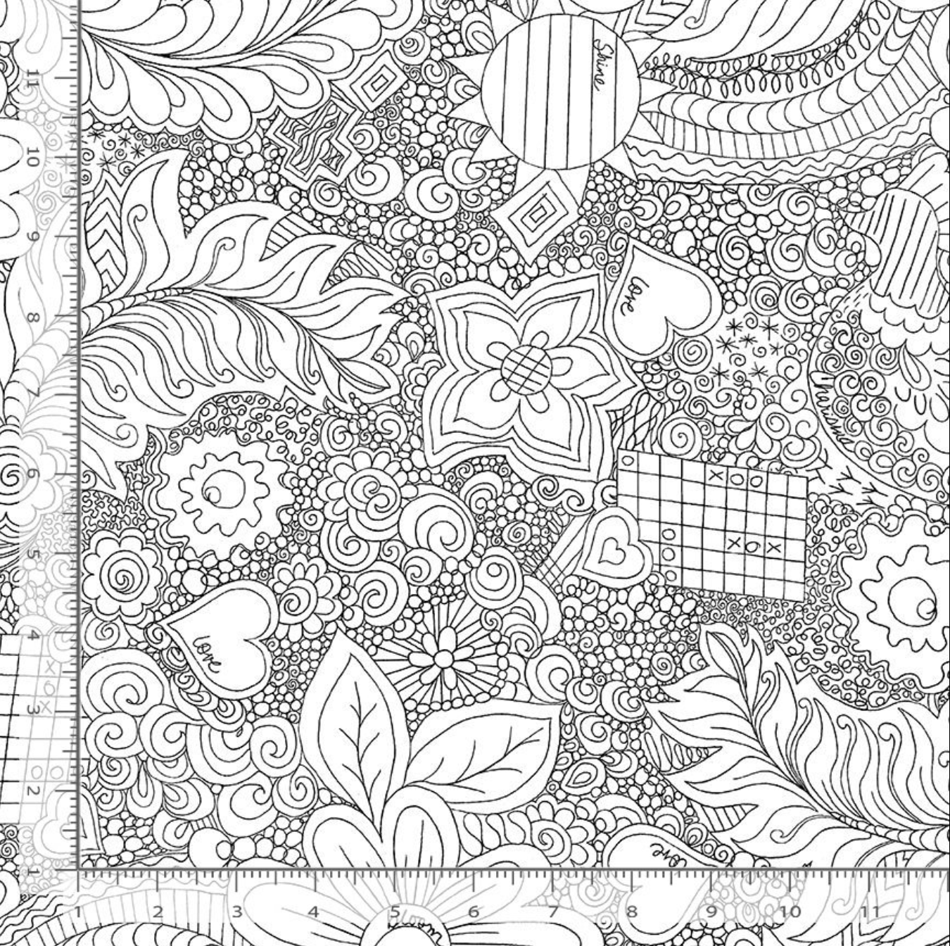 Doodle Floral White 108-inch wide quilt backing fabric by Charisma Horton for Timeless Treasures featuring black hand-drawn flowers, leaves, hearts, swirls, and doodles on a white background.