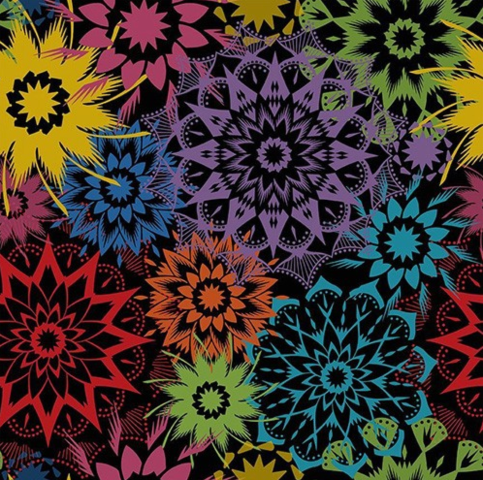 Silhouette Stars Carnival 108-inch wide quilt backing fabric by Judy and Judel Niemeyer for Timeless Treasures featuring colorful red, orange, yellow, green, blue, teal, purple, and pink starburst motifs on black.