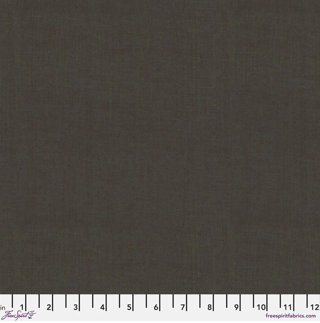 Kaffe Fassett Shot Cotton Peppercorn fabric by FreeSpirit Fabrics featuring a deep charcoal-brown woven texture with subtle olive undertones.