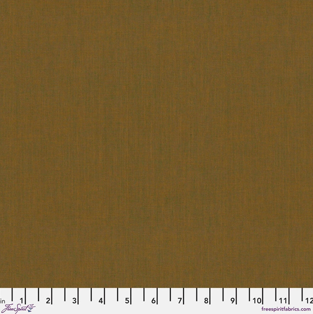 Kaffe Fassett Shot Cotton Peat fabric by FreeSpirit Fabrics featuring an earthy olive-brown woven texture with subtle green and golden undertones.